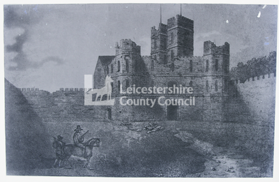 Engraving of castle ruins			