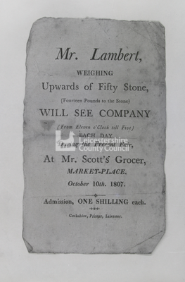 Poster advertising Daniel Lambert, 50 stone man		