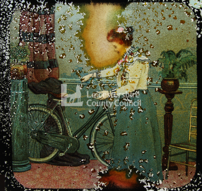 Illustrated Lantern Slide - Woman With Bicycle	