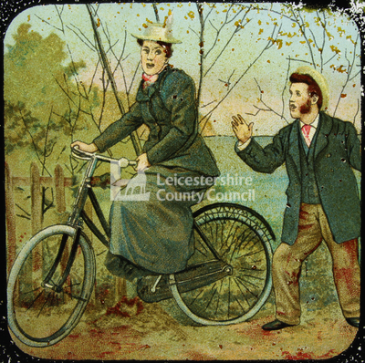 Illustrated Lantern Slide - A woman rides a bicycle