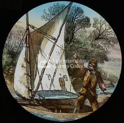 Robinson Crusoe raising the sail