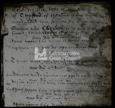 Twyford parish register, first page. 1558	