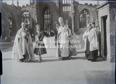 Royal Visit To Coventry Cathedral- Queen And Prince Philip With Clergy In Ruins