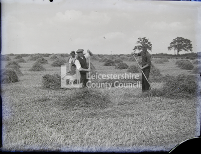 Three men piling hay into stacks