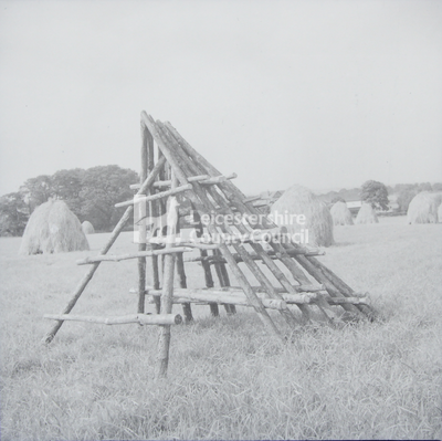 Timber frame for haycocks in field