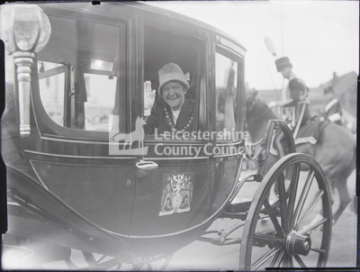 Parade: Elderly lady waving from horse-drawn coach window -Lord Mayor's Show 1961