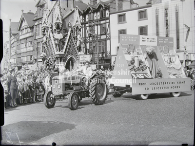 Parade: Tractor and farm float by clock tower -Lord Mayor's Show 1961