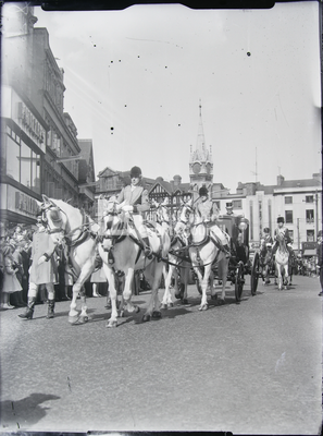 Parade: 4 white horses drawing carriage -Lord Mayor's Show 1961